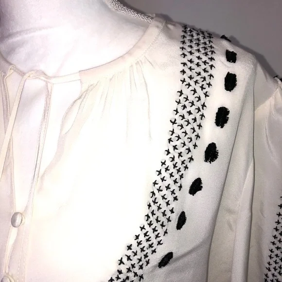 Altuzarra Peasant Blouse Size 4 Tie Embroidered Silk Made In Italy White Black - Picture 11 of 14